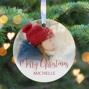 Vrolijk Kerstmis Foto Kalligrafie Groen Rood Plaid Keramisch Ornament