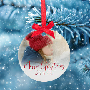 Vrolijk Kerstmis Foto Kalligrafie Rood Groen Plaid Keramisch Ornament