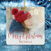 Vrolijk Kerstmis Foto Kalligrafie Rood Groen Plaid Keramisch Ornament