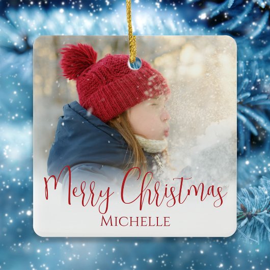 Vrolijk Kerstmis Foto Kalligrafie Rood Groen Plaid Keramisch Ornament