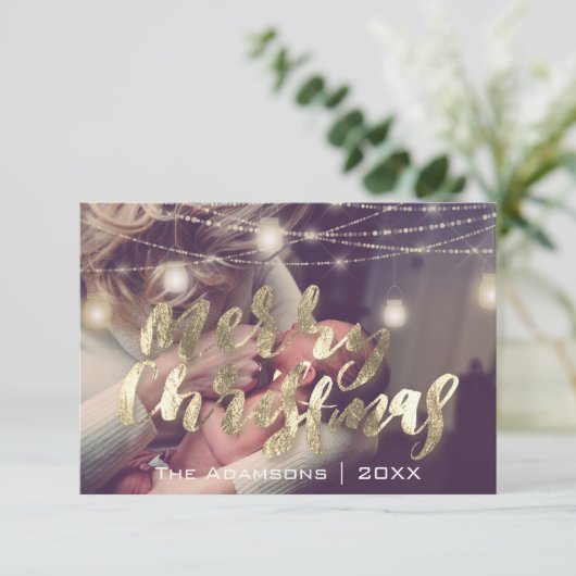 Vrolijk Kerstmis Foto Lichten Marmeren Goud Custom Kaart (Staand voorkant)