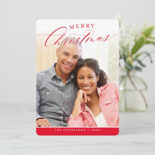 VROLIJK KERSTMIS FOTO modern schattig kalligrafie  Feestdagenkaart (Staand voorkant)