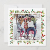 Vrolijk Kerstmis Foto Rode Holly Botanische groen Feestdagenkaart (Voorkant)