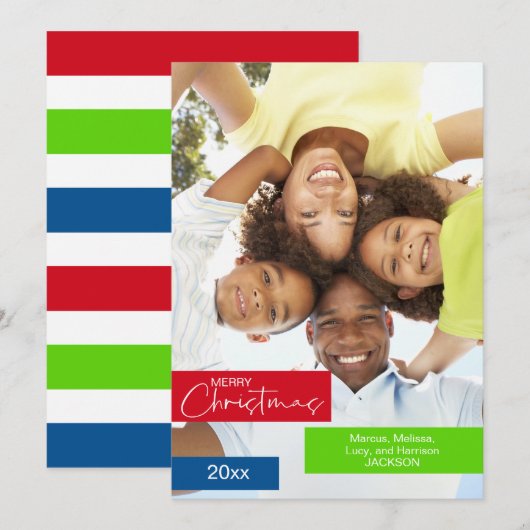 Vrolijk Kerstmis Foto Rood Groen Blauw Streep Eenv Feestdagenkaart (Voorkant / Achterkant)