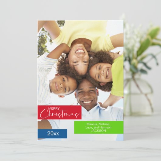 Vrolijk Kerstmis Foto Rood Groen Blauw Streep Eenv Feestdagenkaart (Staand voorkant)
