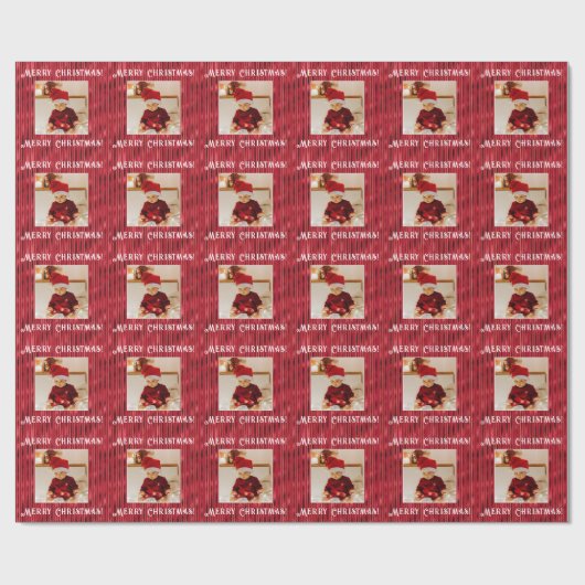 Vrolijk Kerstmis foto Rood Metallic Streep Cadeaupapier (Vlak)