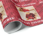 Vrolijk Kerstmis foto Rood Metallic Streep Cadeaupapier (Rol Hoek)