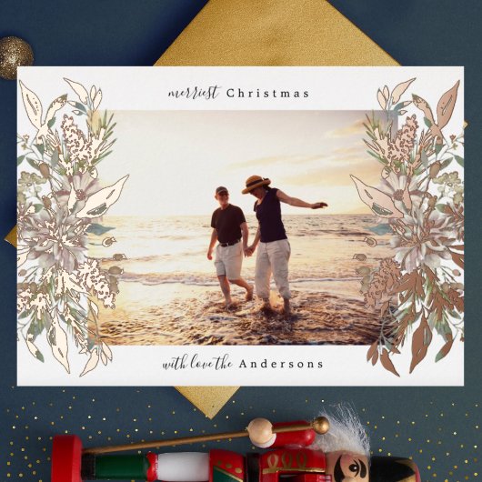 Vrolijk Kerstmis Foto Roos Gouden Botanische Bloem Folie Feestdagenkaart