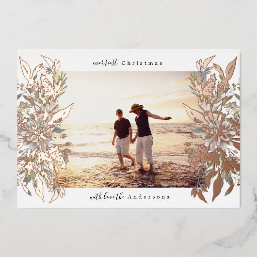 Vrolijk Kerstmis Foto Roos Gouden Botanische Bloem Folie Feestdagenkaart (Voorkant)