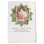 Vrolijk Kerstmis Foto Waterverf Groen krans Medium Cadeauzakje (Achterkant)