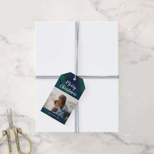 Vrolijk Kerstmis Foto Zwart horloge Tartan Plaid Cadeaulabel (Met Touw)