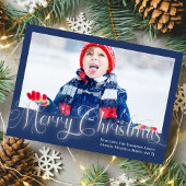 Vrolijk Kerstmis Fotocollage Marine Blauw Script Feestdagenkaart