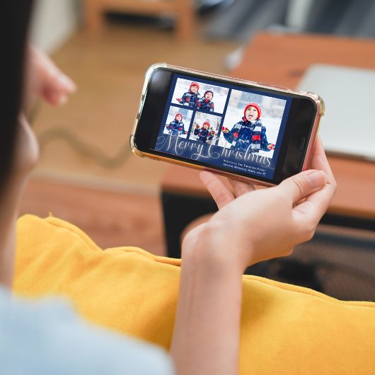 Vrolijk Kerstmis Fotocollage Marine Blauw Script Feestdagenkaart