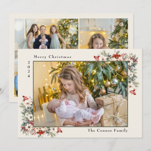Vrolijk Kerstmis Fotocollage Poinsettias Feestdagenkaart (Voorkant / Achterkant)