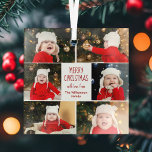 Vrolijk Kerstmis Fotocollage Schattige Gepersonali Glas Ornament<br><div class="desc">Dit schattige,  moderne Merry Christmas-ornament heeft een stijlvolle lay-out van 6 familiefoto's op een witte achtergrond met  rode en groene typografie. Dit prachtige kinder fotovakantie decor geschenk beschikt over de fotocollage van uw eigen kind rond uw feestelijke bericht en familienaam in het rood.</div>