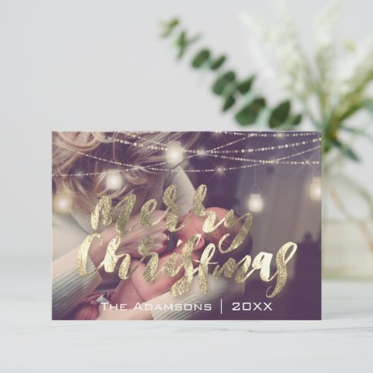 Vrolijk Kerstmis Fotolichten Strings Gouden Douane Kaart (Staand voorkant)