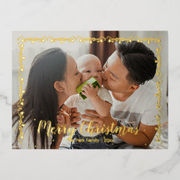 Vrolijk Kerstmis Garland Trimmed Familie Foto Folie Feestdagen Briefkaart