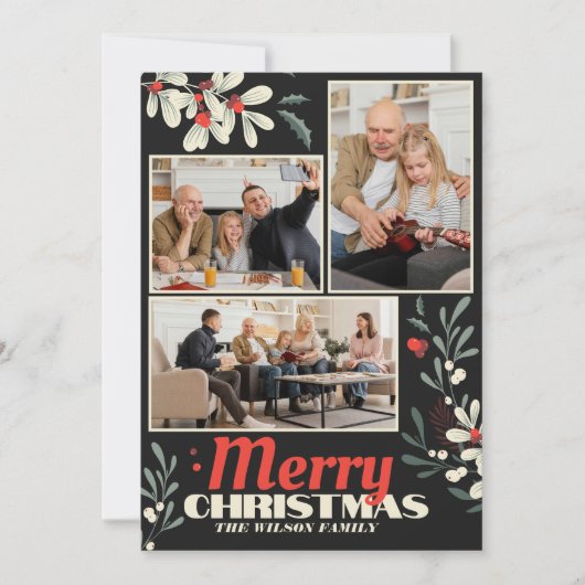 Vrolijk Kerstmis gebladerte familie foto collage Feestdagenkaart (Voorkant)