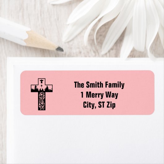Vrolijk Kerstmis Geboorte Cross Roze Etiket (Insitu)
