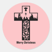 Vrolijk Kerstmis Geboorte Cross Roze Ronde Sticker (Voorkant)