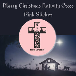 Vrolijk Kerstmis Geboorte Cross Roze Ronde Sticker