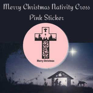 Vrolijk Kerstmis Geboorte Cross Roze Ronde Sticker