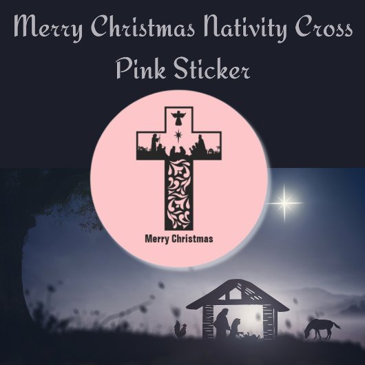 Vrolijk Kerstmis Geboorte Cross Roze Ronde Sticker