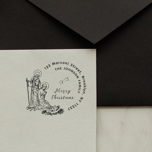 Vrolijk Kerstmis Geboorte Scène Terugkeeradres Zelfinktende Stempel