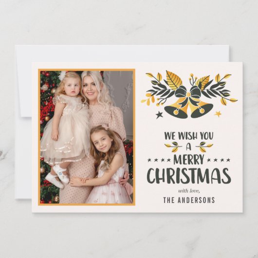 Vrolijk Kerstmis Geel Familie Foto Feestdagenkaart (Voorkant)