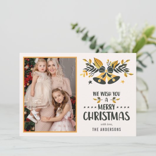 Vrolijk Kerstmis Geel Familie Foto Feestdagenkaart (Staand voorkant)