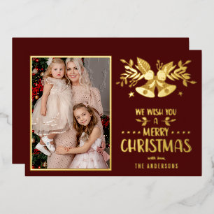 Vrolijk Kerstmis Geel Familie Foto Folie Feestdagenkaart
