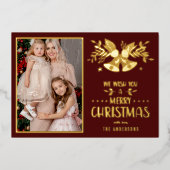 Vrolijk Kerstmis Geel Familie Foto Folie Feestdagenkaart (Voorkant)