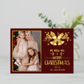 Vrolijk Kerstmis Geel Familie Foto Folie Feestdagenkaart (Staand Voorkant)