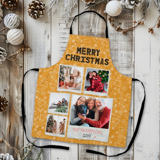 Vrolijk Kerstmis Gele Doodles 5 Foto Familie Gift Schort