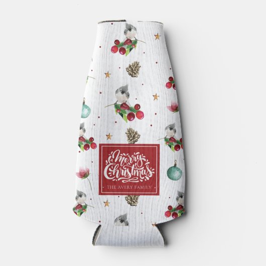 Vrolijk Kerstmis Gepersonaliseerd Wintervogelpatro Flesjeskoeler (Voorkant)