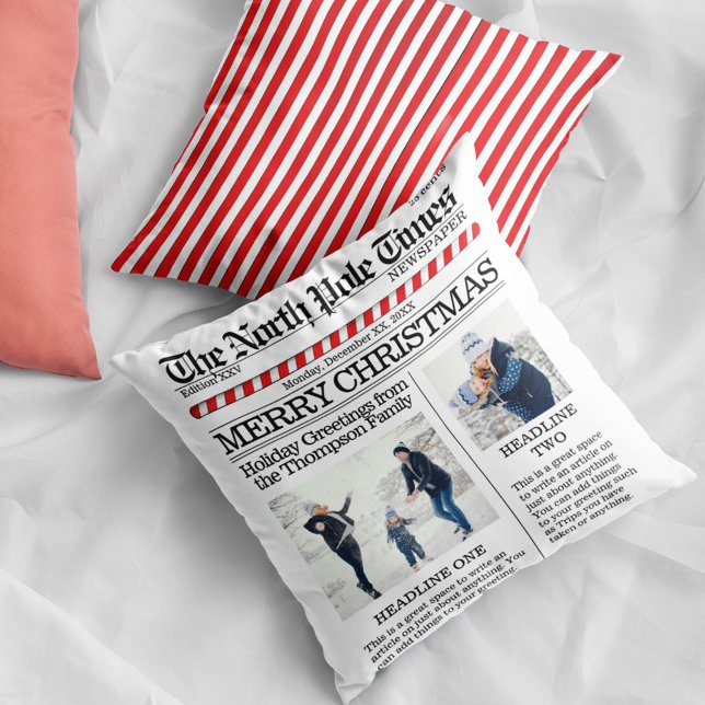 Vrolijk Kerstmis Gepersonaliseerde Krant Kussen (Christmas cute whimsical newspaper print photo throw pillow.)