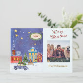 Vrolijk Kerstmis Gezellige Dorpsscène Foto Kerstmi Kaart (Staand voorkant)