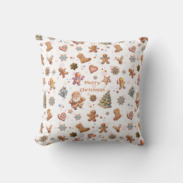 Vrolijk Kerstmis Gingerbread Cookies Wit Kussen (Voorkant)
