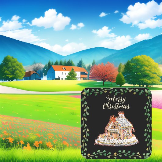 Vrolijk Kerstmis Gingerbread House Groene krans Vierkante Sticker