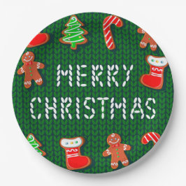 Vrolijk Kerstmis Gingerbread Ornamenten op Groen Papieren Bordje