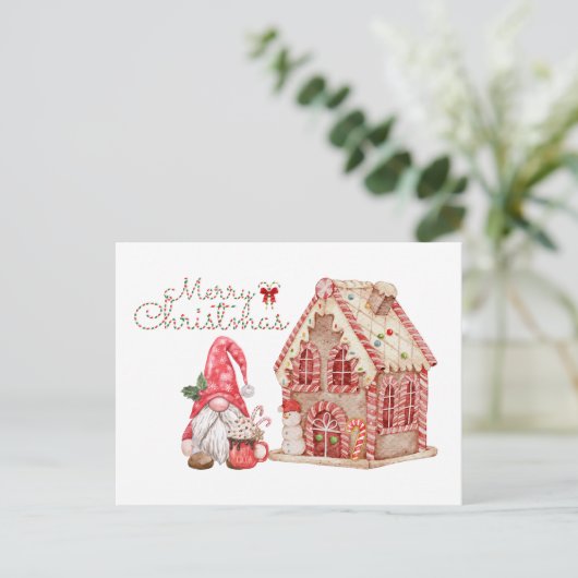 Vrolijk Kerstmis Gnome en Gingerbread House Feestdagenkaart (Staand voorkant)