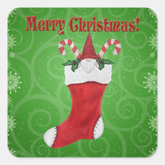 Vrolijk Kerstmis Gnome in Stocking Candy Cane Gree Vierkante Sticker (Voorkant)