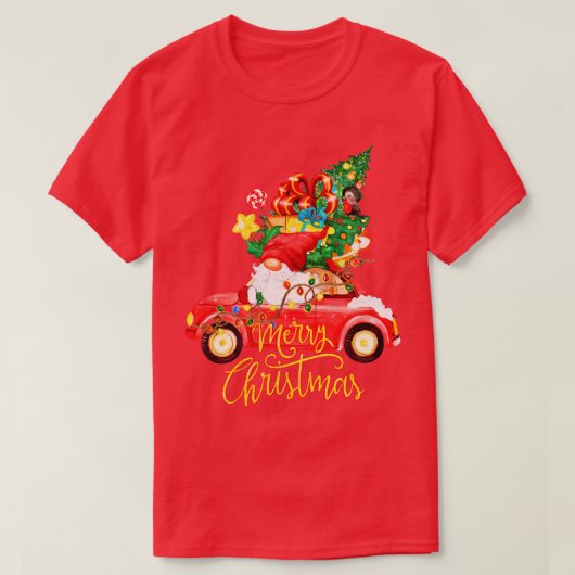 Vrolijk Kerstmis Gnome rode auto T-shirt (Design voorkant)