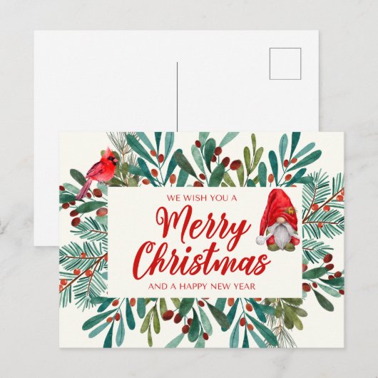 Vrolijk Kerstmis Gnome, Rode Kardinaal, Holly Berr Feestdagenkaart (Voorkant / Achterkant)