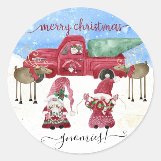Vrolijk Kerstmis Gnome Waterverf Sneeuwend Rode Vr Ronde Sticker (Voorkant)
