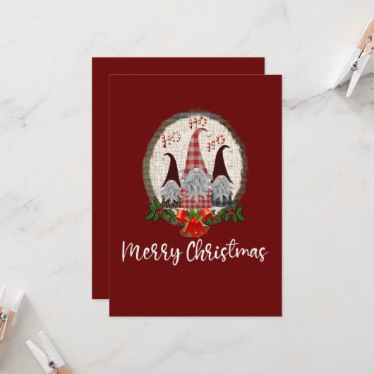 Vrolijk Kerstmis Gnomen Rode Rustieke, Trendy Kaar Kaart (Voorkant / Achterkant in situ)