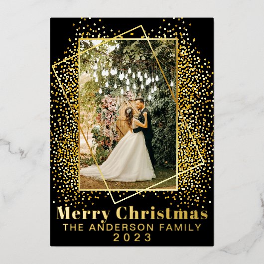 Vrolijk Kerstmis Goud Glitter Holly Foto Vakantie Folie Feestdagenkaart (Voorkant)