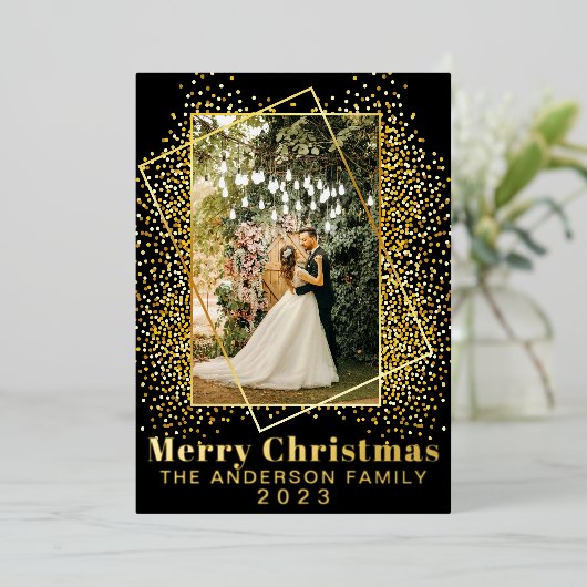 Vrolijk Kerstmis Goud Glitter Holly Foto Vakantie Folie Feestdagenkaart (Staand Voorkant)