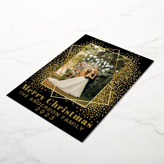 Vrolijk Kerstmis Goud Glitter Holly Foto Vakantie Folie Feestdagenkaart (Gedraaid)