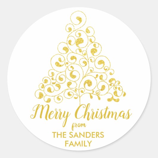 Vrolijk Kerstmis Goud Glitter Kerstboom Ronde Sticker (Voorkant)
